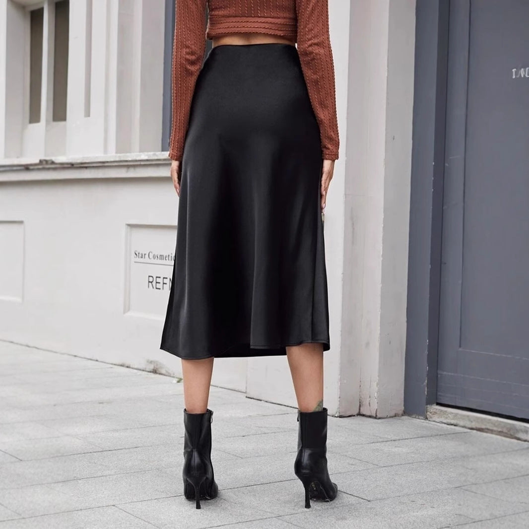 High-waist Satin Midi Skirt Spring Summer Women
