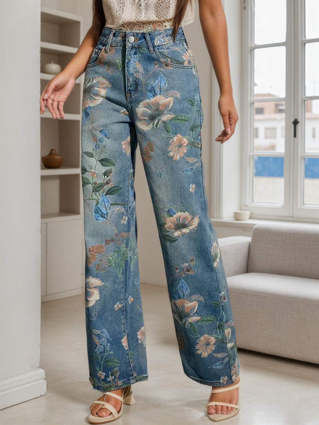 2025 New Women's Fashion Printed Jeans, Straight Leg Loose Wide Leg Pants, Suitable For A Variety Of Wear, Spring Summer Autumn Clothing,