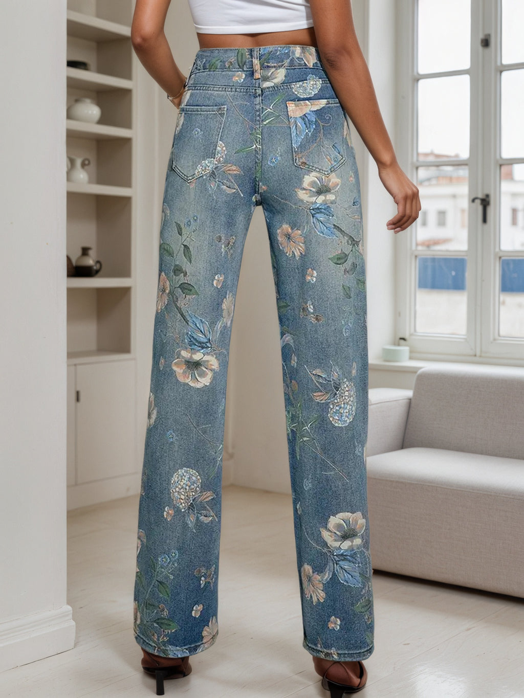 2025 New Women's Fashion Printed Jeans, Straight Leg Loose Wide Leg Pants, Suitable For A Variety Of Wear, Spring Summer Autumn Clothing,