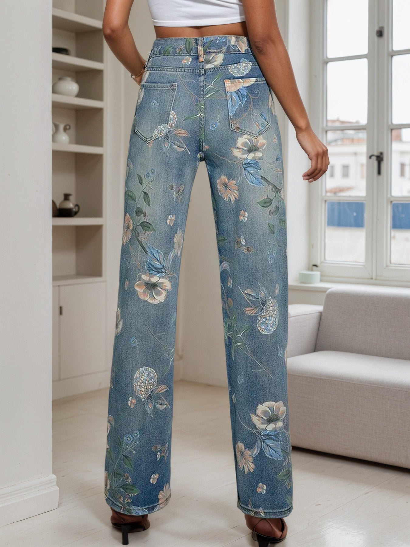 2025 New Women's Fashion Printed Jeans, Straight Leg Loose Wide Leg Pants, Suitable For A Variety Of Wear, Spring Summer Autumn Clothing,