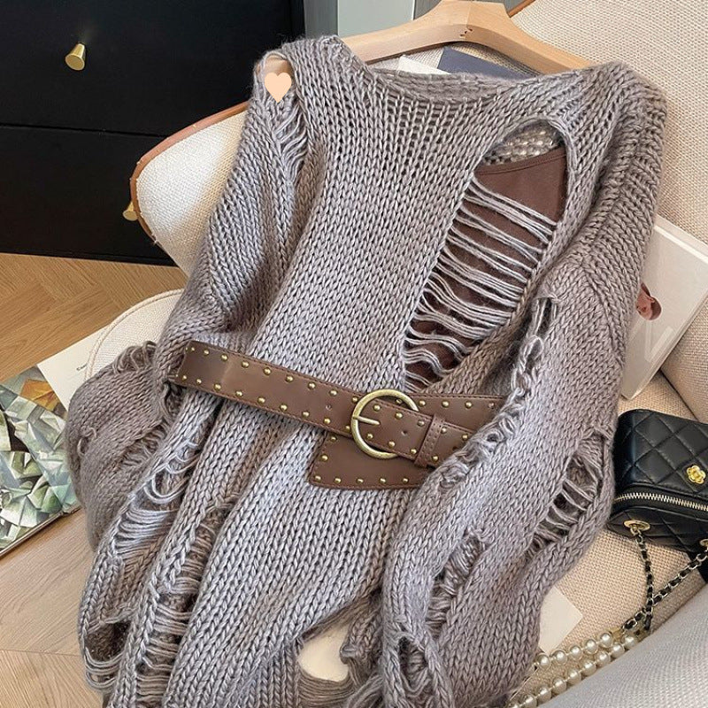 American-style Retro Hollow-out Long-sleeve Sweater With Belt