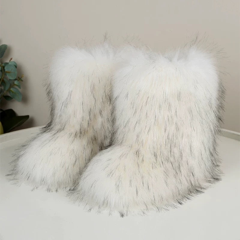 European And American Imitation Raccoon Fur Winter Warm Mid-calf Women's Shoes