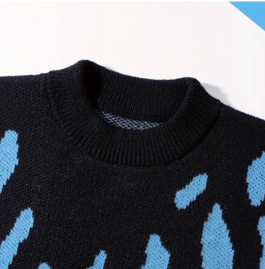Loose - fitting Crew Neck Design Trendy Avant - garde Black - and - blue Color  pattern Knit Sweater - QuickChop