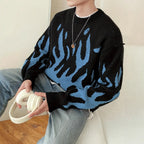 Loose - fitting Crew Neck Design Trendy Avant - garde Black - and - blue Color  pattern Knit Sweater - QuickChop