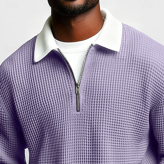 Men's Solid - Color Waffle - Weave Long - Sleeve Lapel Zip - Up Shirt - QuickChop