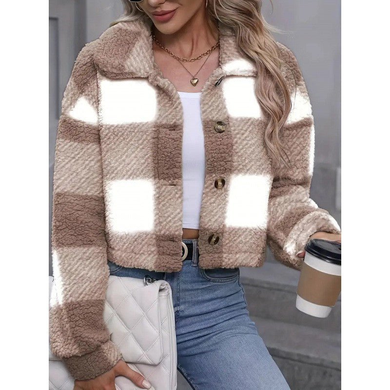 Plaid Pattern Plush Button Cardigan Casual Warm Coat - QuickChop