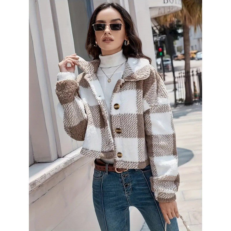 Plaid Pattern Plush Button Cardigan Casual Warm Coat - QuickChop
