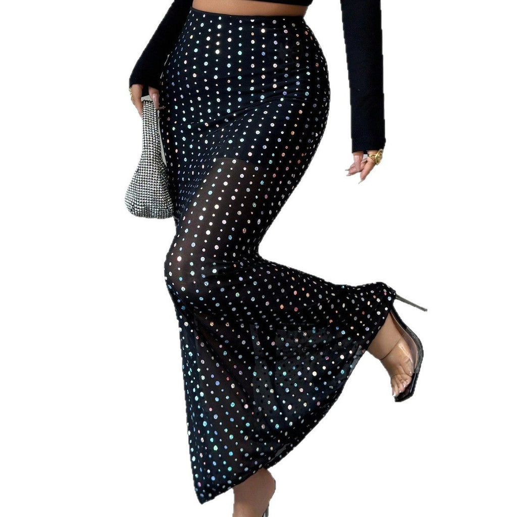 Shimmery Sequin Doublelayer Mesh Highwaist Figurehugging Skirt - QuickChop