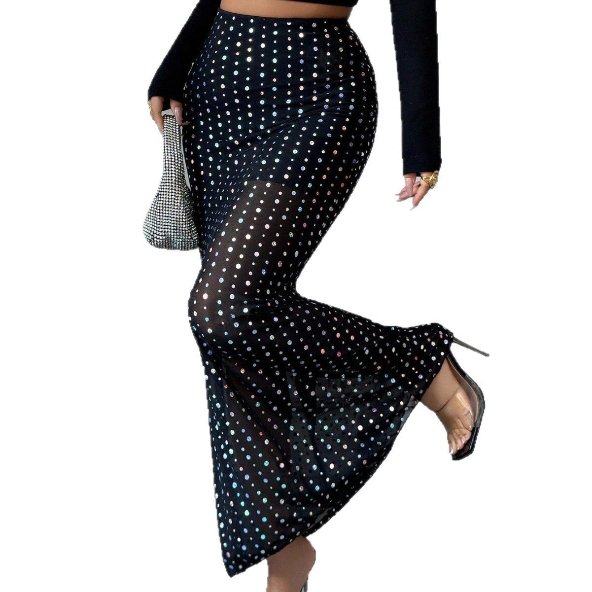 Shimmery Sequin Doublelayer Mesh Highwaist Figurehugging Skirt - QuickChop