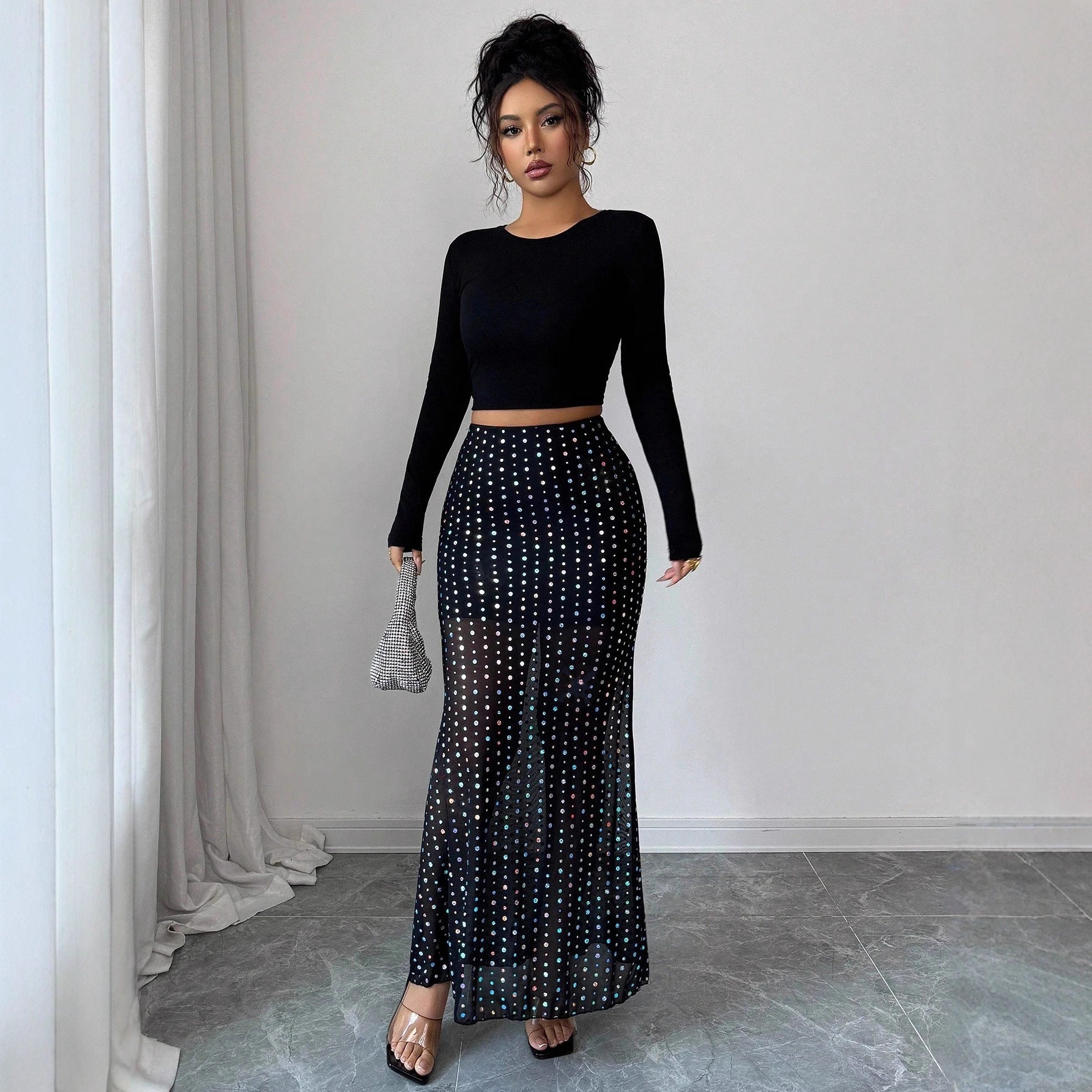 Shimmery Sequin Doublelayer Mesh Highwaist Figurehugging Skirt - QuickChop