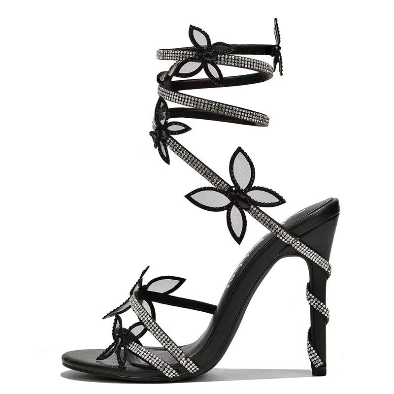 Snake Butterfly Rhinestone Flower Stiletto Heel Roman Sandals - QuickChop