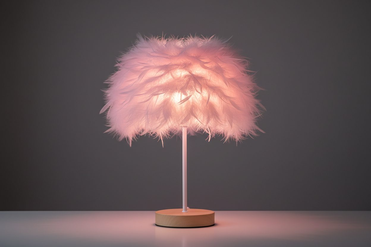 Ultra‑HD portrait photo of a feather table lamp, same design with round light wood base and white stem, but feathers in soft pastel pink, lamp turned on, warm pink glow through feathers, on a plain white tabletop, dark neutral background, clean e‑commerce product shot, 4K, very detailed.