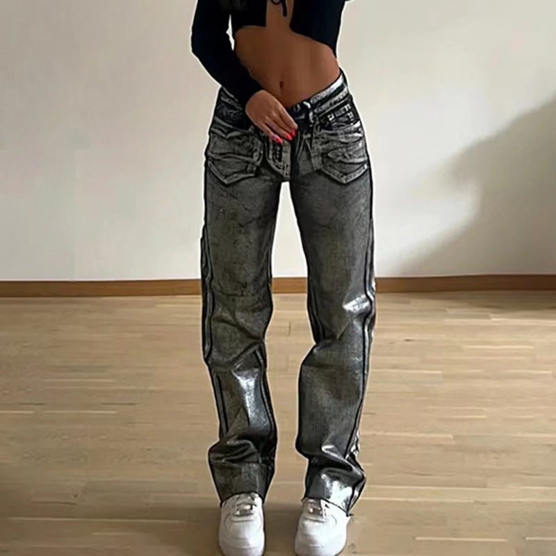 Washed Personality Blue Hot Silver Black Hot Silver High Waist Straight Style Jeans - QuickChop