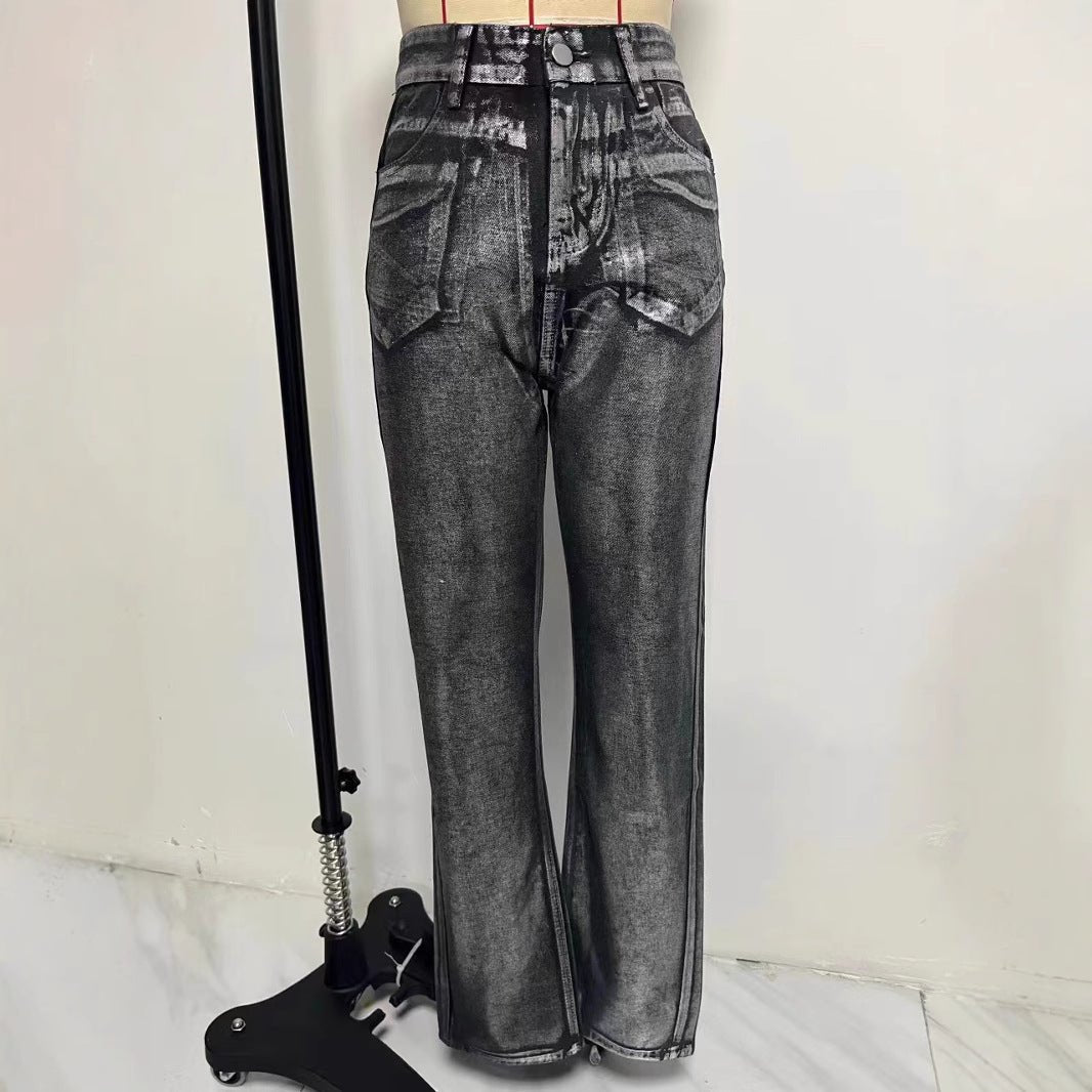 Washed Personality Blue Hot Silver Black Hot Silver High Waist Straight Style Jeans - QuickChop
