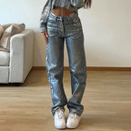 Washed Personality Blue Hot Silver Black Hot Silver High Waist Straight Style Jeans - QuickChop