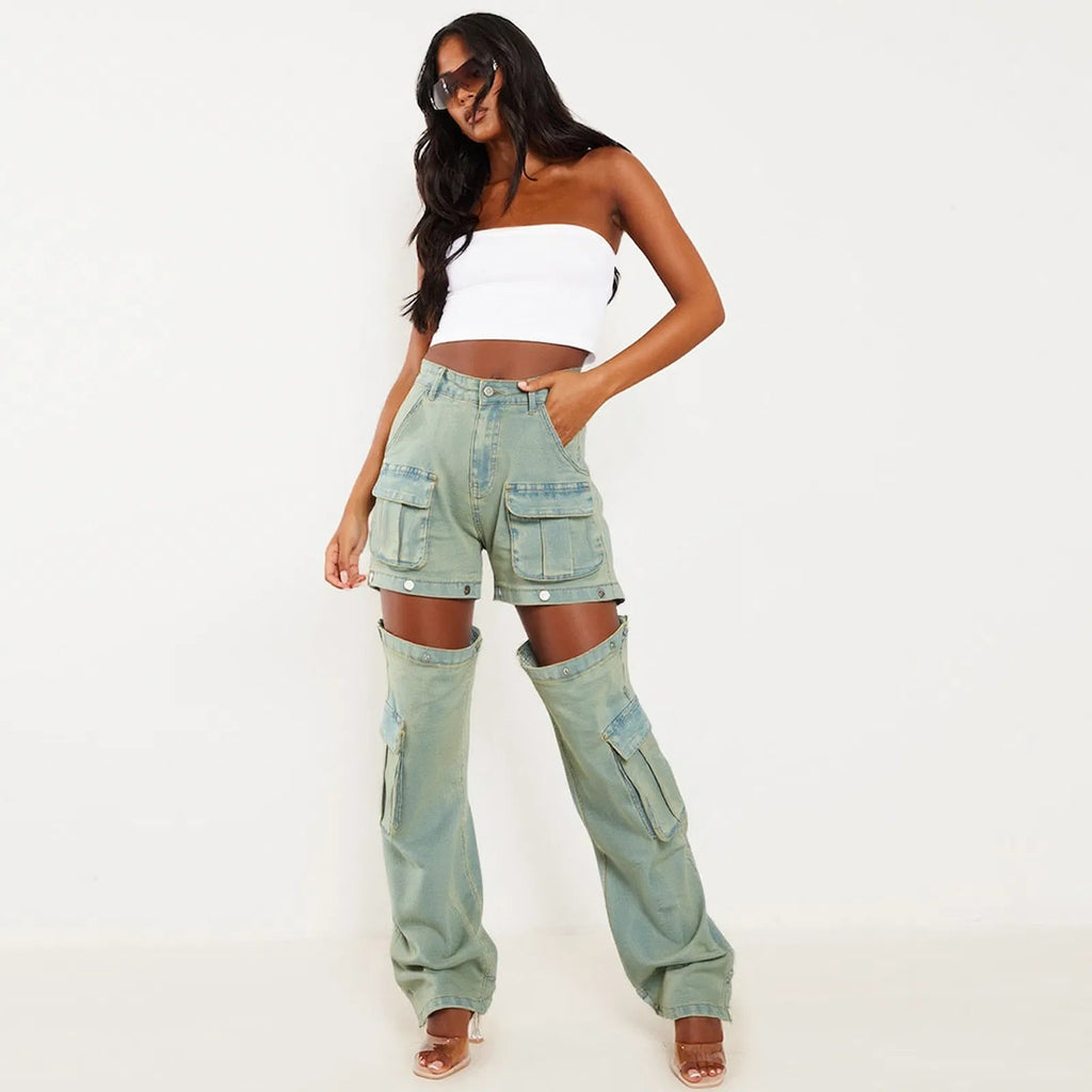 Women's High - Waist Cargo Pants Loose Fit Convertible Pants With Zip - Off Legs To Shorts Cotton- QuickChop