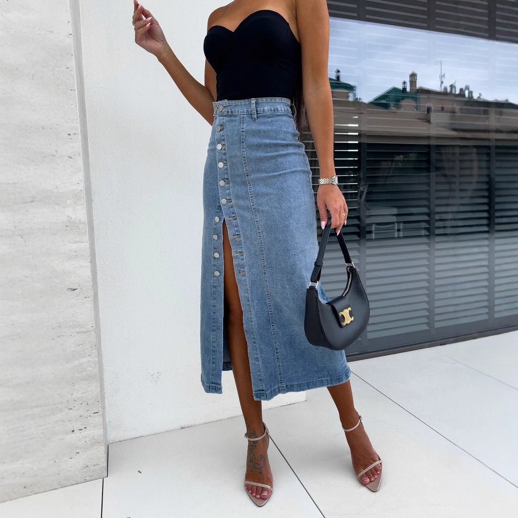 Women's Solid Color Button Irregular Slit Denim Skirt - QuickChop