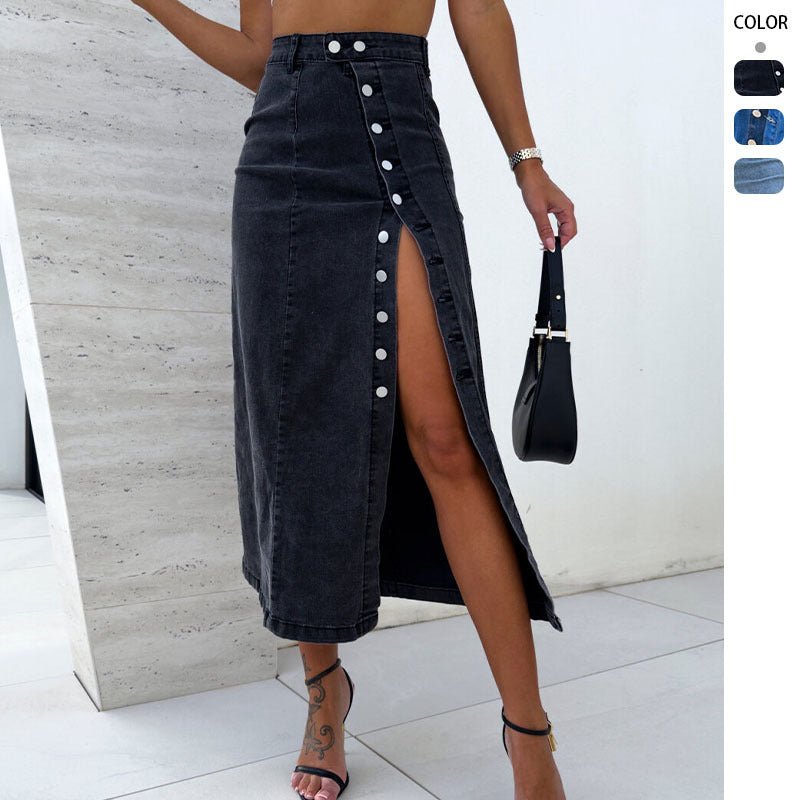 Women's Solid Color Button Irregular Slit Denim Skirt - QuickChop