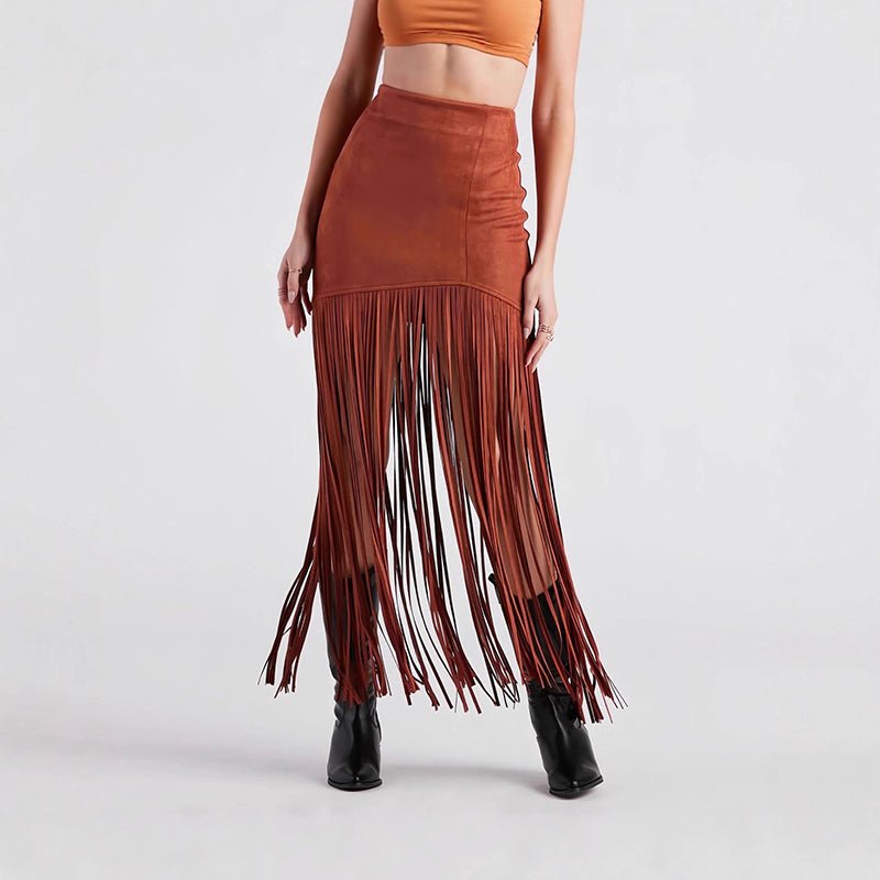 Women's Suede - Look Maxi Skirt With Fringe Hem, Western Bohemian Style Skirt For Spring And Summer - QuickChop