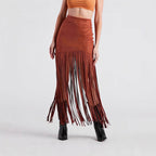 Women's Suede - Look Maxi Skirt With Fringe Hem, Western Bohemian Style Skirt For Spring And Summer - QuickChop