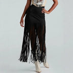 Women's Suede - Look Maxi Skirt With Fringe Hem, Western Bohemian Style Skirt For Spring And Summer - QuickChop