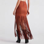 Women's Suede - Look Maxi Skirt With Fringe Hem, Western Bohemian Style Skirt For Spring And Summer - QuickChop