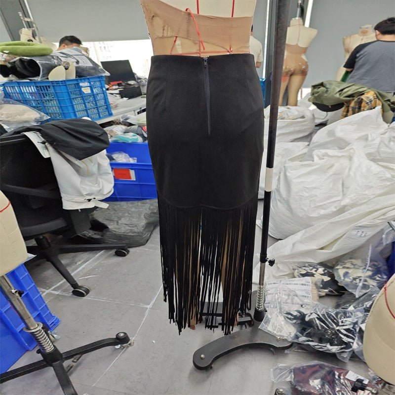 Women's Suede - Look Maxi Skirt With Fringe Hem, Western Bohemian Style Skirt For Spring And Summer - QuickChop
